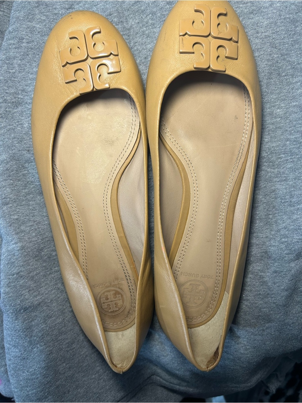 Tory Burch Honey Tan Leather Logo Ballet Flats